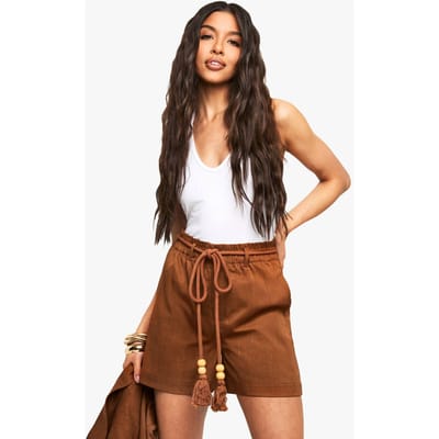 boohoo Dames Op maat gemaakte linnen-look shorts met ceintuur | Roest | Maat: 36