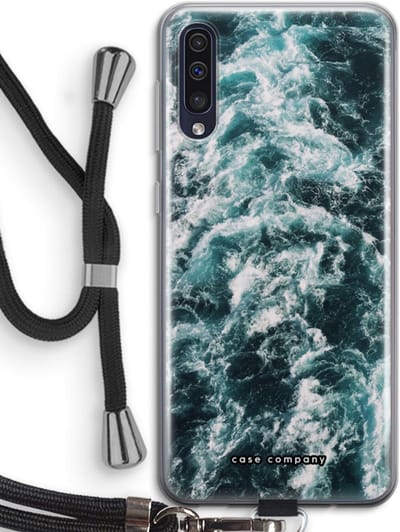 Hoesje met koord geschikt voor Samsung Galaxy A50 hoesje met Koord - Zee golf - Telefoonhoesje met Zwart Koord - Bescherming aan alle Kanten en Over de Schermrand