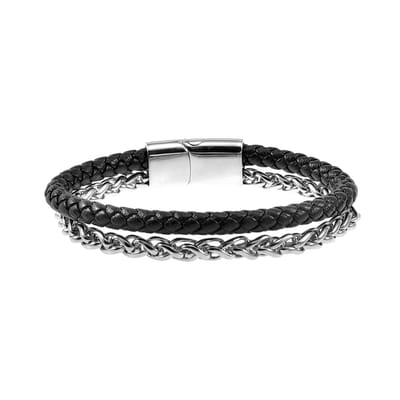 Dubbele Armband Heren - Vossenstaart Schakelsarmband - RVS Zilverkleur - Zwarte Leren