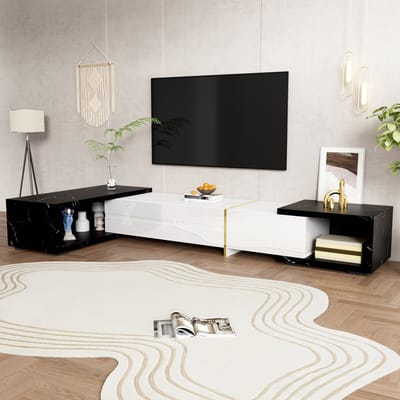 DESMIU Tv Meubel - Uitschuifbaar En Draaibaar Met Grote Opbergruimte - Voor Woonkamer - Mdf En Spaanplaat - 140 Tot 260x40x30 Cm - Wit Zwart