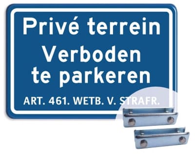 Bord Prive Terrein - Verboden te parkeren - blauw - Weerbestendig Aluminium - 40x60 cm - Bevestiging: Met hekbeugels (voor spijlen- of gaashek)
