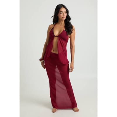 boohoo Dames Haltertop En Maxi Rok Co-ord | Burgundy | Maat: 8