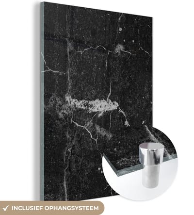 Glasschilderij zwart wit - Steen - Graniet - Structuren - Stenen look - Zwart - Wit - 120x160 cm - Schilderij glas - Decoratie woonkamer