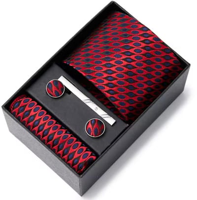 Actie4you® - Luxe Stropdas - Stropdas Set met Manchetknopen en Pochet en Dasspeld – Met Geschenkdoos – 4 Delig – Stropdas Set – Rood Rondjes