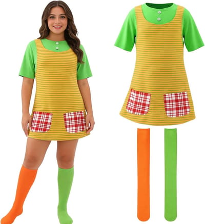 Kleurrijk dames carnavalskostuum met jurk en kousen, ideale verkleedset voor feesten en evenementen