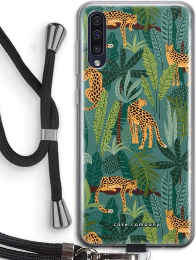 Case Company® - Hoesje met koord geschikt voor Samsung Galaxy A50 hoesje met Koord - Luipaard 2 - Telefoonhoesje met Zwart Koord - Bescherming aan alle Kanten en Over de Schermrand
