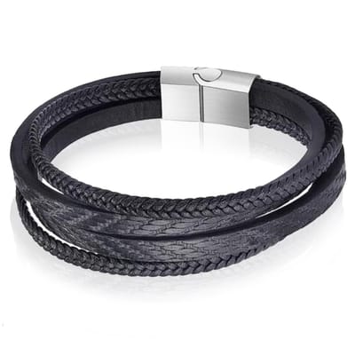 Leren armband Mendes heren Edelstaal Multi Zwart-22cm