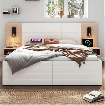 KOMHTOM Tweepersoonsbed 140 x 200 cm, met laden, leeslampje, nachtkastje, eiken + wit set