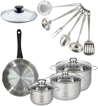 Set van 1 pan 24 cm roestvrij staal, glazen deksel, 3 roestvrijstalen kookpotten 16, 20 en 24 cm en 6 roestvrijstalen keukengerei Fackelmann Geneva
