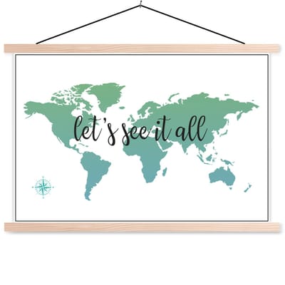 Wereldkaart - Spreuk - Kleur - Kompas - schoolplaat platte latten blank 150x100 cm - Foto print op textielposter (wanddecoratie woonkamer/slaapkamer)