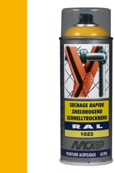 Motip industrial acryllak hoogglans RAL 1023 verkeers geel - 400 ml.