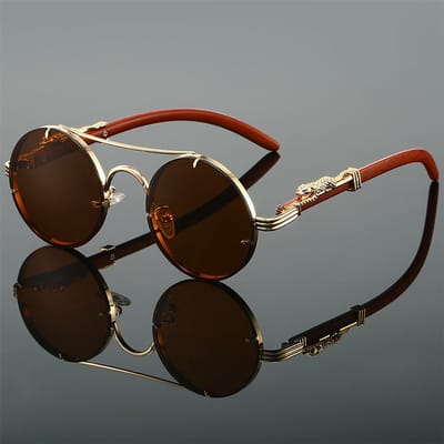 Retro unisex modebril – vintage montuur van metaal en acetaat, vierkant ontwerp met decoratieve elementen (bruine glazen).