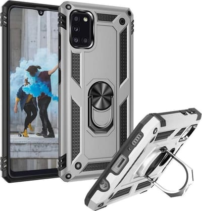 HB Hoesje Geschikt voor Samsung Galaxy A31 - Anti-Shock Hybrid Armor Back Cover - Hoes met Kickstand Ring - Grijs
