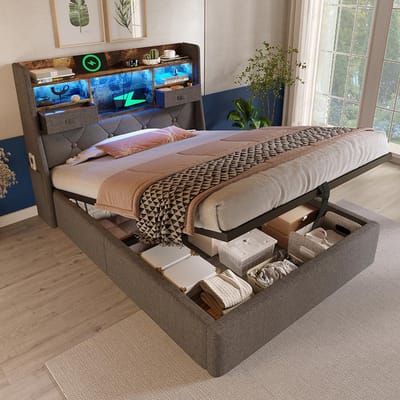 Pugsdrly Gestoffeerd bed 90 x 200 cm met hydraulische opbergruimte en LED-hoofdbord, 4 oplaadstations (USB/Type-C), eenpersoonsbed met lattenbodem, grijs linnen (zonder matras)