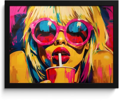 Poster in lijst - Fotolijst 40x30 cm - Posters - Zonnebril - Roze - Vrouw - Rietje - Posterlijst zwart - Decoratie - Wanddecoratie woonkamer - Muurdecoratie slaapkamer