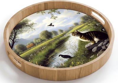 Dienblad rond 40x40 cm - Schootdienblad hout - Kat - Beekje - Weide - Borrelplank rechthoek - Plateau houten dienbladen