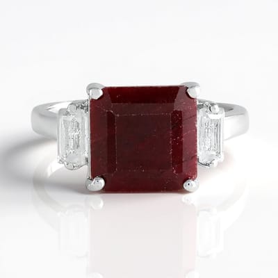 Cavill - Zilveren Ring - 925 Sterling Zilver Gerhodineerd - Robijnkleurige Korund 5,328 ct Achthoekig - Witte Topaas 0,513 ct - Elegante Cocktailring