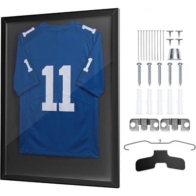Boîte d'exposition avec cadre pour maillot, 90 x 70 x 3 cm, Boîte ombrée en bois pour maillot de sport avec panneau en PC à 98 % de protection UV et cintre, pour Baseball Basketball Football blue