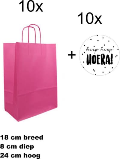 10x Geschenktassen Roze - 10x Sluitstickers - Hiep Hiep Hoera - 18+8x24cm - 40mm - 10 stuks - Cadeautasje - Tassen - Geschenk - Verpakkingen - Geschenktasjes - Roze - Uitdelen - Trakteren - Luxe inpakken - Uitdeeltraktatie - Cadeautasje