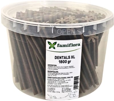 Famiflora Dentals XL Hondensnacks - 1800 gr - Gebitsverzorging - Voor middelgrote en grote honden - XL formaat van 14 cm - Bevat essentiële mineralen - Handige hersluitbare emmer