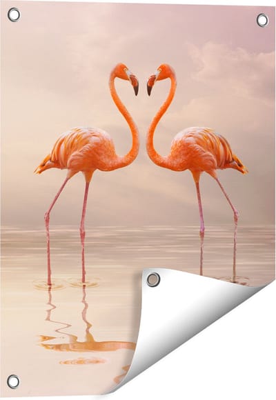 Gards Tuinposter Twee Flamingo's in een Hartjes Vorm - 40x50 cm - Tuindoek - Tuindecoratie - Wanddecoratie buiten - Tuinschilderij