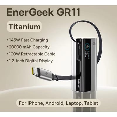 Baseus Geek Powerbank 20000mAh Wordt geleverd met 145W High Power Snel Laadkabel Geschikt voor Huawei en Apple Telefoons zilvergrijze kleur