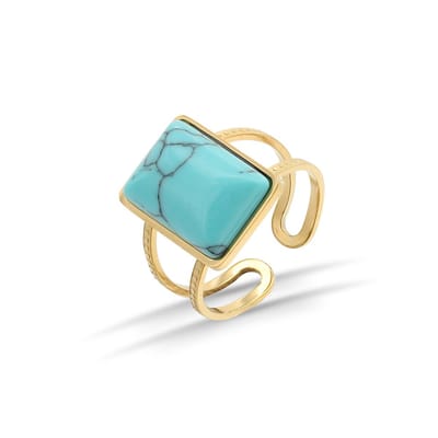 Ring – Rvs – Groene Turquoise - edelsteen - goudkleurig – Verstelbare – rechthoekige – Opengewerkte - Makkelijke voor mensen met moeilijke en artrose vingers