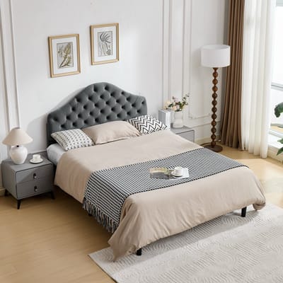 PHOEBE CAT Gestoffeerd bed - 140 x 200 cm - Verstelbaar hoofdeinde - Velvet - Tweepersoonsbed - Grijs