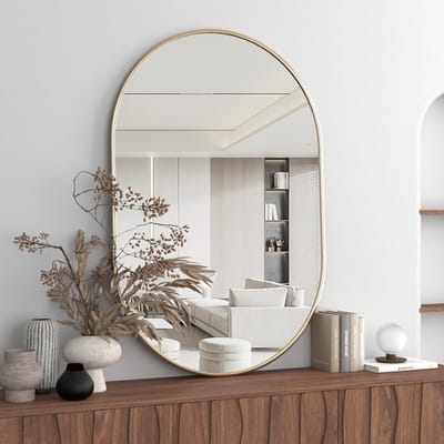 Ovale badkamerspiegel 60 x 91 cm met zwart metalen frame en gouden accenten