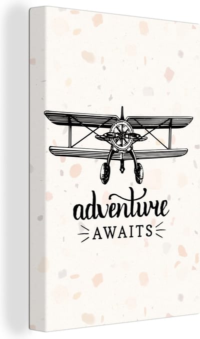 Canvas Schilderij Spreuken - Quotes - Adventure awaits - Vliegtuig - 20x30 cm - Wanddecoratie