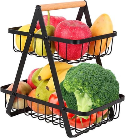 2 Etages Metaal Fruitmand Dubbel Zwart met Uitneembare Houder | Decoratieve keuken fruitschaal voor het opslaan van fruit, groenten en snacks, past in elk modern keukeninterieur.