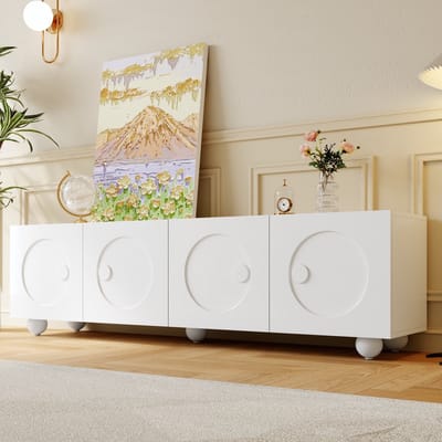 MODENUIT Tv-Meubel - 3D Reliëfdeuren met Gesloten Opbergruimte - Voor Woonkamer - Wit - 180,5x38x50 Cm