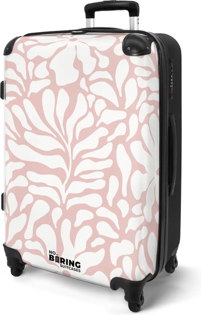 NoBoringSuitcases.com® - Vakantie koffer groot vrouwen - Rolkoffer lichtgewicht - Roze reiskoffer op 4 wielen met witte bloemen - Bagagekoffer - Grote valies trolley XL - 20 kg bagage - Ruimbagage