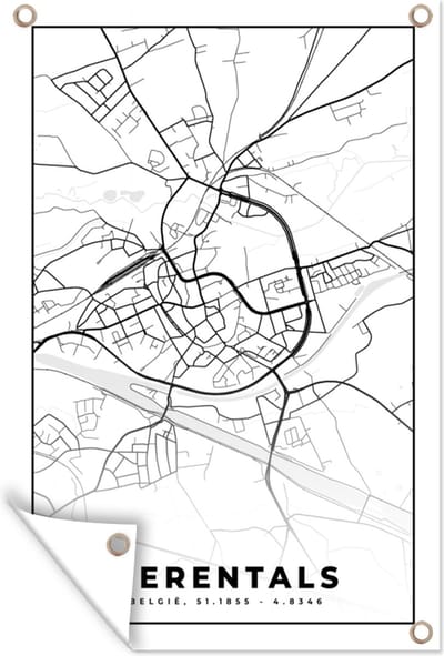 Muurdecoratie Stadskaart – Plattegrond – België – Zwart Wit – Herentals – Kaart - 120x180 cm - Tuinposter - Tuindoek