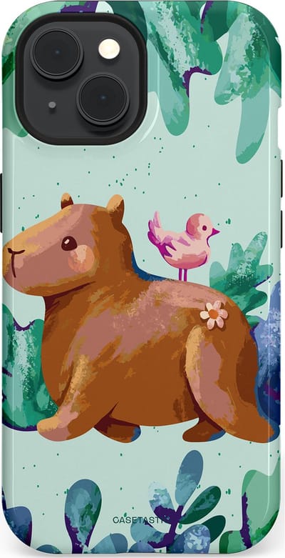 Casetastic Hoesje Geschikt voor Apple iPhone 15 Magsafe - Stijlvolle Beschermende Duo-layer Case - Capibara Vogeltjes Vriend