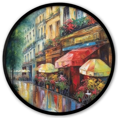 Poster in lijst Rond - Fotolijst 40x40 cm - Posters - Straat - Olieverf - Kleurrijk - Stad - Ronde posterlijst zwart - Decoratie - Wanddecoratie woonkamer - Muurdecoratie slaapkamer