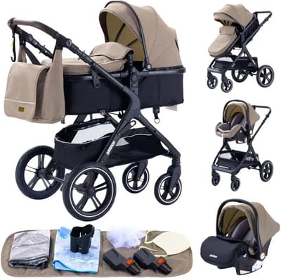 Premium 3-in-1 Kinderwagen - Draagbaar, Opvouwbaar, met Vering - Aluminium Frame - Inclusief Autostoel - Kwalitatieve Buggy voor Pasgeboren Baby - Luxe Multifunctionele Combi Kinderwagen - Khaki / Zwart