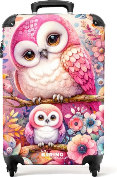 NoBoringSuitcases.com® - Kinderkoffer meisje - Kindertrolley meisjes - Twee roze uilen omringd door bonte bloemen - Handbagage koffer lichtgewicht - Reiskoffer trolley kinderen - Rolkoffer met wieltjes - Past binnen 55x40x20 en 55x35x25
