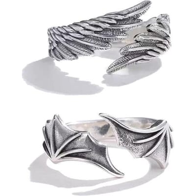 2 stuks Vintage Engel Vleermuisvleugel Demonenoog Hip Hop Verstelbare Koppelringen voor Mannen Vrouwen Retro Zilveren Sieraden Feest Dagelijks white