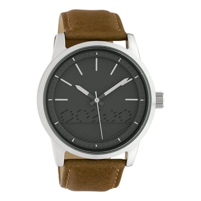 OOZOO Timepieces - Zilverkleurige horloge met bruine leren band - C10305