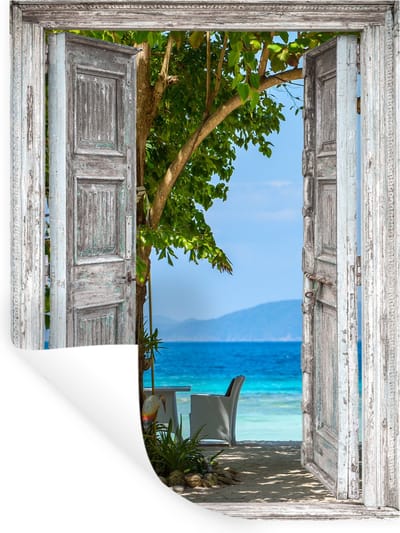Muurstickers - Sticker Folie - Strand - Tropisch - Zee - Doorkijk - 30x40 cm - Plakfolie - Muurstickers Kinderkamer - Zelfklevend Behang - Zelfklevend behangpapier - Stickerfolie