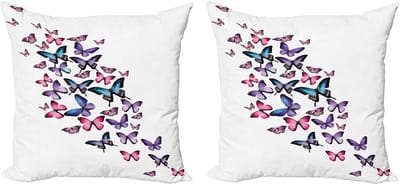 ABAKUHAUS Decoratieve kussenhoezen in marineblauw en roze, set van 2, met veel vlinders, 50x50 cm, paars, blauw, roze