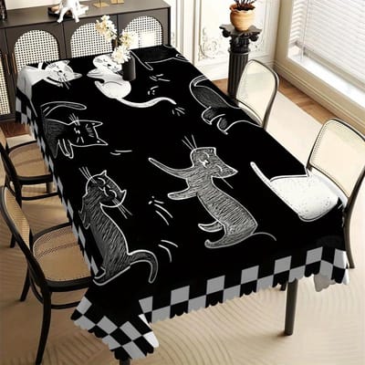 Zwart-witte Kattenprint Tafelkleed, Schattig Cartoon Kittendesign met Geruite Rand en Golvende Rand, voor Eetkamer Decoratie 100x140cm