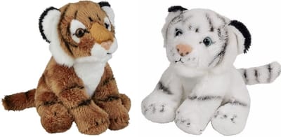 Ravensden - Safari dieren knuffels - 2x stuks - Witte en Bruine Tijgers - 15 cm