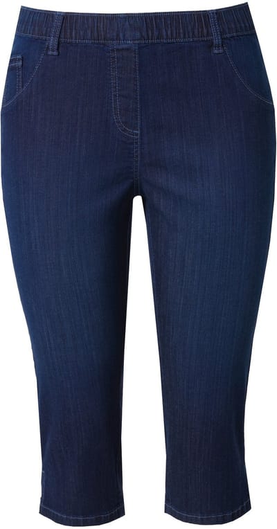 Ulla Popken - Dames - Jeanscapri Sienna strakke pijp elastische tailleband - Donkerblauw denim - Maat 48