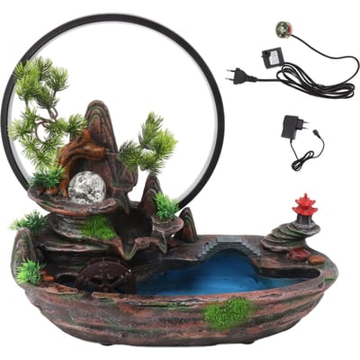 Fontaine de table d'intérieur avec plantes Lampe de montagne Boucle Résine Ornement de cascade de bureau pour bureau