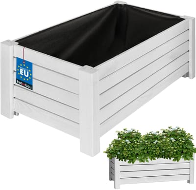 KOTARBAU® Houten Plantenbak, Kiefernhout, 60 x 33 x 25 cm, Wit, Houten Bloembak, Plantenbak voor Buiten, met Vlies, voor Tuin, Terras, Balkon