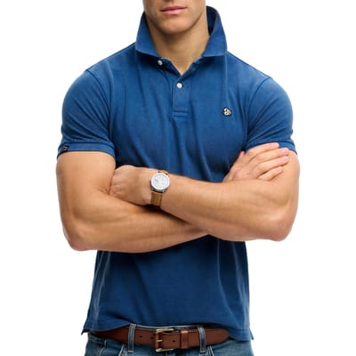 Superdry blauwe heren polo   Rib kraag   Regular fit   Knoopsluiting   Duurzaam   Korte mouw Blauw S