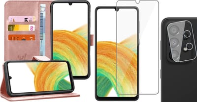 Hoesje geschikt voor Samsung Galaxy A33 - Book Case Kunstleer Wallet Cover Portemonnee Pasjeshouder Hoes Roségoud - Tempered Glass Screenprotector - Camera Lens Protector