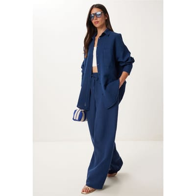 Hoge Taille Wijde Pijpen Twee-delige Co-ord Set met Shirtkraag